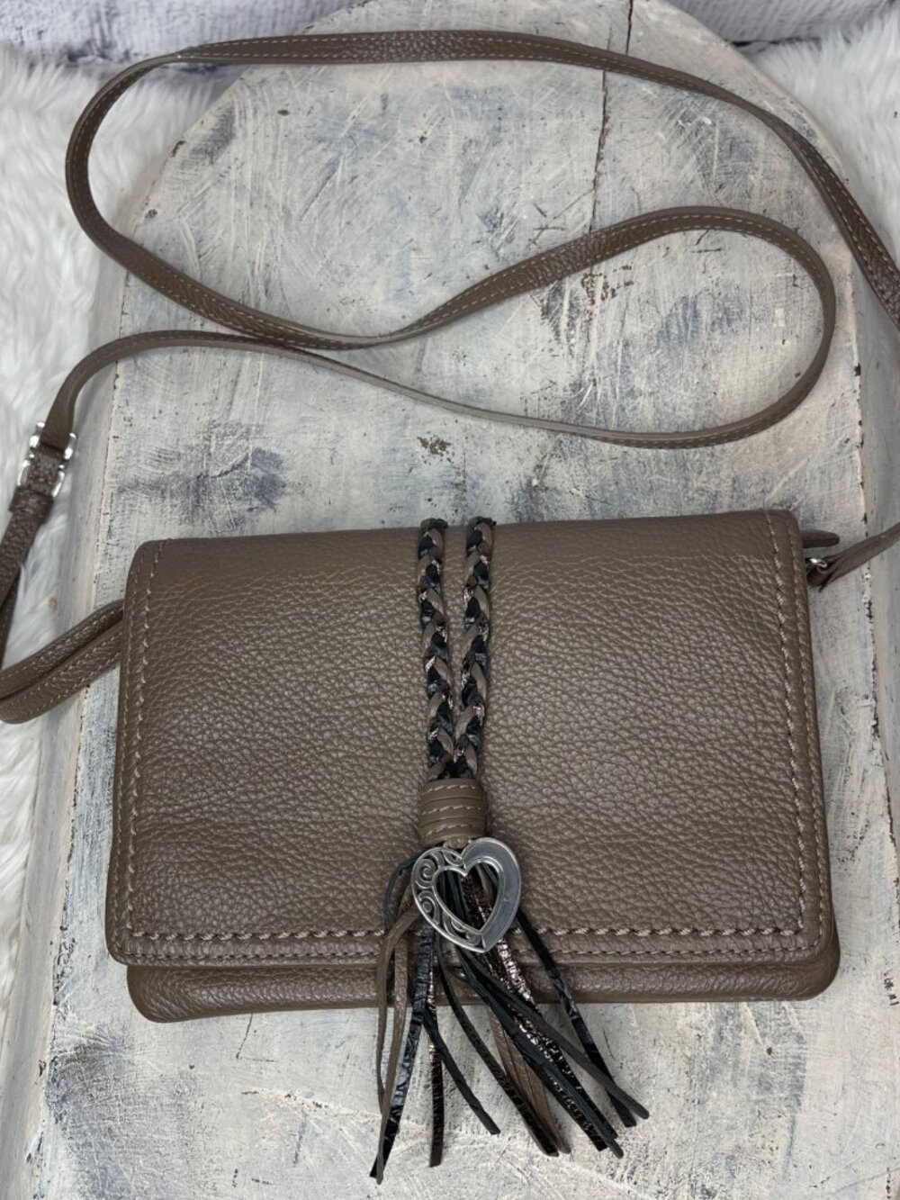 Brighton Barbados Organizer Crossbody Bag Taupe Brown Leather Heart Tassel